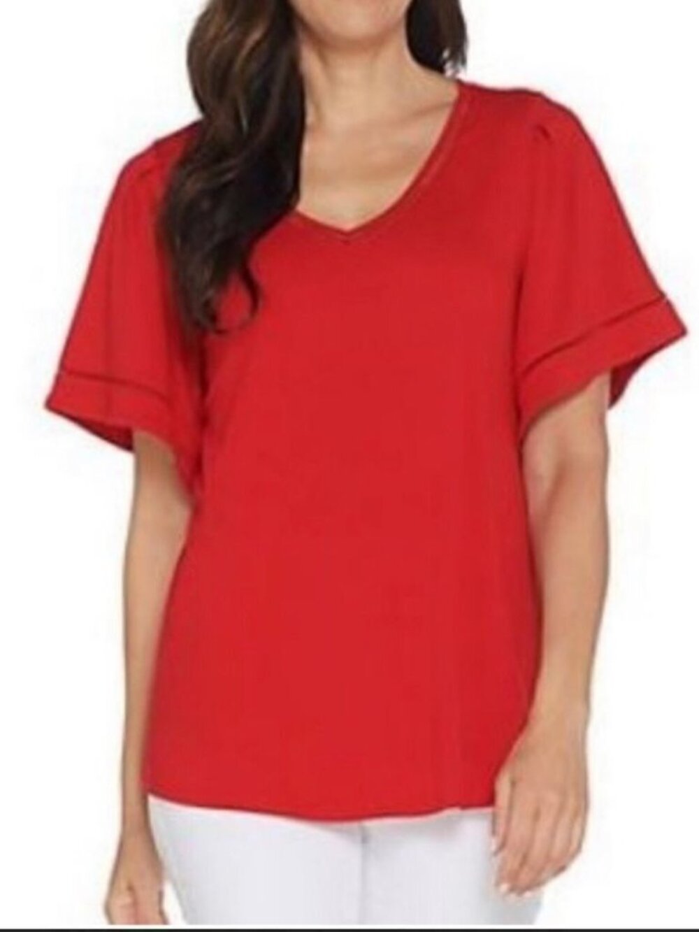 H by Halston Halston  Flutter Sleeves Knit Crepe V-Neck Top